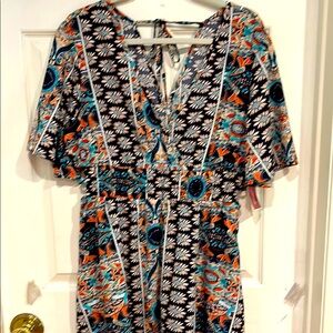 Asian Print Kimono Sleeve Knee Length Dress size L